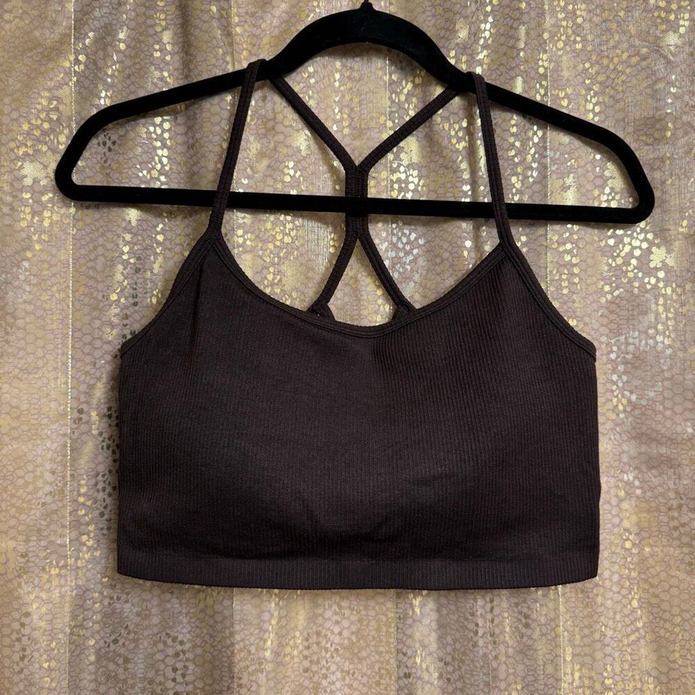 Yogalicious Chocolate Brown Ribbed Long Line Padded Sports bra Large
